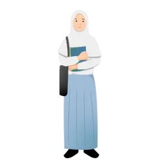 a woman with a book in her hands is wearing a blue skirt and white head scarf