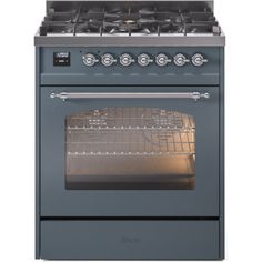 a blue oven with two burners on the front and one in the middle, against a white background