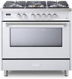 a white stove with four burners and two oven doors on each side, in front of a white background