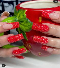 Strawberry Nails Stiletto, Square Fruit Nails, Fruit Nails Square, Strawberry Nails Square, Cool Square Nails, Strawberry Inspired Nails, Chocolate Covered Strawberry Nails, 3d Strawberry Nails, Fruit Acrylic Nails