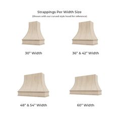 four different types of wooden lampshades with measurements for each lamp shade and the width