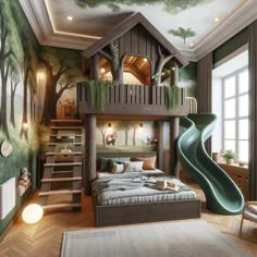 a child's bedroom with a tree house bed and slide in the corner, painted on the wall