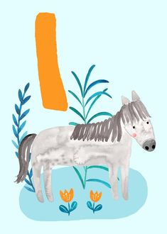 a drawing of a horse standing in the grass with an orange letter on it's side