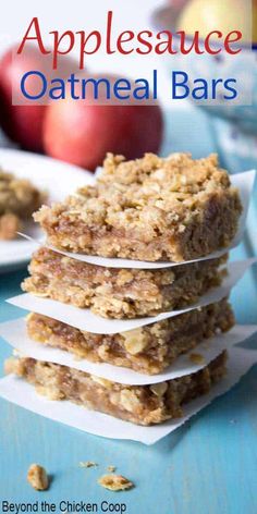 applesauce oat bars stacked on top of each other with text overlay