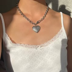 "Jude" Chunky Heart Necklace – Gemini Jewels Styling Chunky Necklaces, Chain Heart Necklace, Big Heart Necklace Outfit, Chunky Locket Necklace, Silver Heart Necklace Outfit, Big Necklace Aesthetic, Big Chunky Necklaces, Silver Heart Chain Necklace, Chunky Silver Necklaces