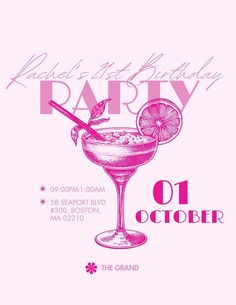 a pink birthday party flyer with a cocktail