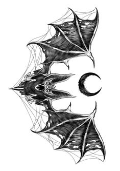 a black and white drawing of two bats with the moon in the middle, on a white background