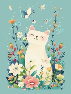 a white cat sitting in the middle of flowers and butterflies