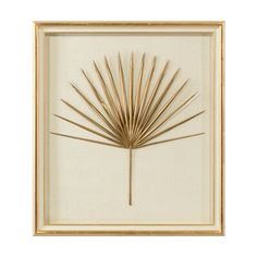 a palm leaf in a gold frame on a white wall