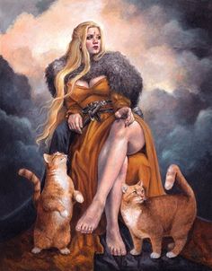 a painting of a woman sitting on top of a rock with cats around her and the sky in the background