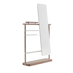 a wooden stand with a mirror and shelf on it's sides, against a white background