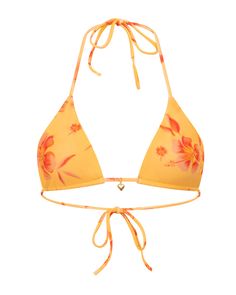 Our reversible triangle top you'll find yourself reaching for over and over. The perfect combination of style and comfort, reverse this top for two sets in one. Featured in our Tropicale print, an orange hand-drawn floral print inspired by tropical getaways. Reverse Tropicale to a stunning orange shimmer fabric, which subtly shines in the sun. Summer Vacation Swimsuit, Orange Bikinis For Women, Leni Swims, Shein Bathing Suits, Cool Bikinis, Vacation Bikinis, Vacation Sets, Halter Top Swimsuit, Floral Bikinis