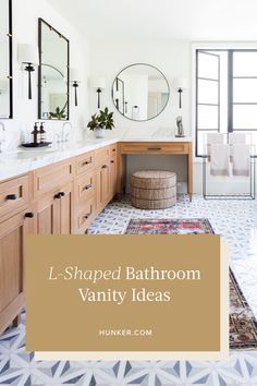 the bathroom is decorated in white and wood with text overlay that reads l - shaped bathroom vanity ideas