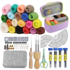 sewing kit with scissors, needles, thread and needle tips in case on white background