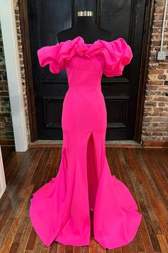 Hot Pink Off the Shoulder Mermaid Long Formal Dress with Slit Hot Pink Long Dress, Hot Pink Prom Dress, Long Formal Dresses, Formal Prom Dresses Long, Strapless Evening Gowns, Long Formal Dress, Wedding Dresses With Flowers, Pink Formal Dresses, Wedding Flower Girl Dresses