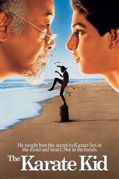 the karate kid movie poster with an older man and young woman facing each other in opposite directions