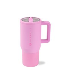 a pink travel mug with the lid up and handle down, on a white background