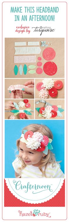 the instructions to make this headband with paper flowers and buttons are shown in red, white