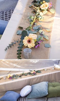 the table is decorated with flowers and greenery for an outdoor wedding reception or bridal party