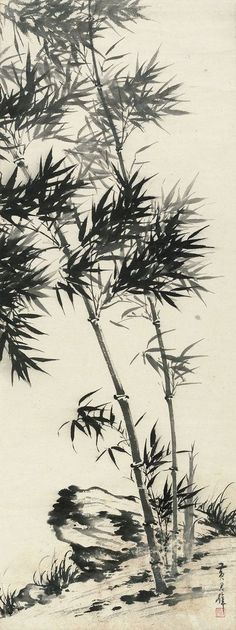 a black and white drawing of a tree with leaves in the foreground, against a light gray background