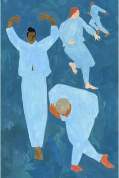 two people in blue clothing are dancing with their hands up to the side, and one person is holding his head down