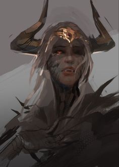 a digital painting of a woman with horns on her head