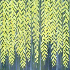 a painting of trees with yellow leaves on them