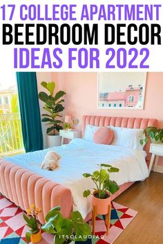 a bedroom with pink walls and white bedding that has plants on the floor in front of it