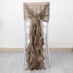 1 Set Taupe Chiffon Hoods With Ruffles Willow Chiffon Chair Sashes Wedding Chair Cover Colours, Chair Sashes Cheap, Sash On Chair, Chiffon Wedding Chair Sash, Chivari Chairs With Sash, Burlap Chair Sashes, Curly Willow, Wedding Chair Decorations, Chair Sash