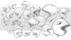 a drawing of several helmets on top of each other, all in different shapes and sizes