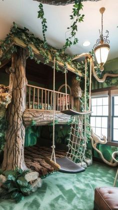 a room with a tree house bed and swing set