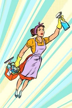 a woman in an apron is cleaning the house with a sprayer and detergent