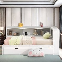 a white bed sitting under a window next to a dresser