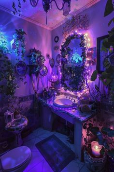 a bathroom decorated in purple and green with plants on the wall, lights above the sink