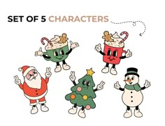 six christmas characters in different poses with the caption set of 5 characters below them