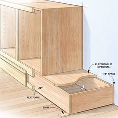 the drawer is open and labeled with instructions for how to put it in an unfinished cabinet