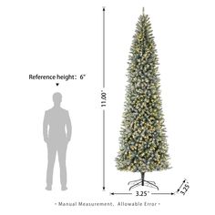 a tall artificial christmas tree with white lights and green needles is shown in front of the measurements