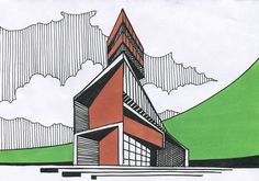 a drawing of a red building with green hills in the back ground and white clouds above it