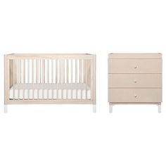 a crib and dresser are shown against a white background