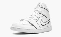 The Women’s Air Jordan 1 Mid “Iridescent Outline” is a women’s-exclusive edition of the mid-top Jordan 1 with a unique "outlined" construction. The upper is composed of a white leather base and features detailing in the form of a perforated toe, embossed tonal Wings logo on the collar and Swoosh on the mid-panel. Iridescent trimming is seen around each panel in a reflective material that changes color when hit with light. The rest of the women's-exclusive Air Jordan 1 Mid, including the ... Womens Air Jordan 1, Womens Air Jordan, Wmns Air Jordan 1, Vapour Max Nike, Nike Sacai, Shoes Retro, Womens Air Jordans, Wings Logo, Air Jordan 6