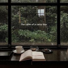 an open book sitting on top of a window sill next to a cup and saucer