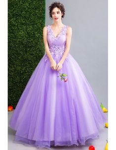 Purple V-neck Prom Gown, V-neck Dress With Sweep Train For Debutante Ball, Purple V-neck Wedding Gown, V-neck Dress For Debutante Ball With Fitted Bodice, Fitted Bodice V-neck Dress For Debutante Ball, Fitted V-neck Ball Gown, V-neck Gown For Debutante Ball And Prom, V-neck Sweep Train Dress For Debutante Ball, V-neck Fitted Dress For Debutante Ball