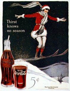 an advertisement for coca - cola with a woman on skis and a coke bottle