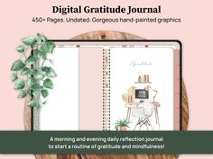 an open notebook with the words digital gratitude journal on it and a plant next to it