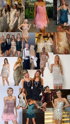 many different pictures of women in dresses and hats, all with feathers on their head