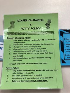 a green paper with instructions on how to do diaper changing and potty policy