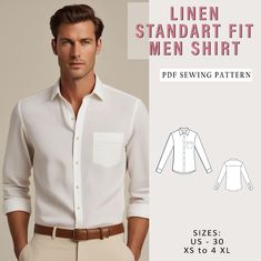 Digital sewing pattern for linen standart fit men shirt.   ✔️ US Sizes: 36,38,40,42,44,46,48, 48, 50, 52, 54,56 ✔️ Standard sizes: XS, S, M, L, XL, 2XL, 3XL, 4XL/5XL ✔️These templates are suitable for A4, A0 and US Letter size paper. When you purchase this pattern, you will receive a digital (pdf) sewing pattern and instructions. Once your payment processes, you will automatically receive a download links of pattern files. If you have any problem accessing the files, please don't hesitate to con Casual Shirts For Men Patterns, Linen Shirt Sewing Pattern, Shirt Pattern For Men, Button Up Shirt Pattern, Sewing Pattern Men, Sewing Pattern Shirt, Mens Sewing, Boys Shirts Pattern, Mens Shirt Pattern