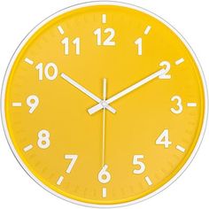 a yellow wall clock with white numbers on the front and back sides shows eleven o'clock