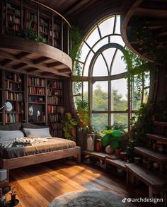 a bedroom with a spiral bed, bookshelf and plants in the window sill