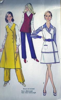 "Simplicity 8662- Mod Fashion Wardrobe Pattern- Tunic Pants Miniskirt- Size 12 Bust 34 Factory fold from the 1970's. Retro Mod fashions. A complete wardrobe.  34\" bust/ 25.5\" waist. Super!    Contact me for exact shipping to your international location.  Destashing wonderful complete Midcentury sewing patterns. All patterns checked and complete. Some with factory fold. Retro women's fashion from the 1950's-70's.  Some men's patterns, too! Use the link to see other fashion patterns and fabric from my shop: https://www.etsy.com/shop/VintageUpcycled?section_id=7942936" 1960s Fashion Women Classy, Late 70s Fashion, Womens 60s Fashion, Early 70s Fashion, 70s Fashion Women, 60s Mod Fashion, 1960s Fashion Women, Wardrobe Pattern, Fashion 50s